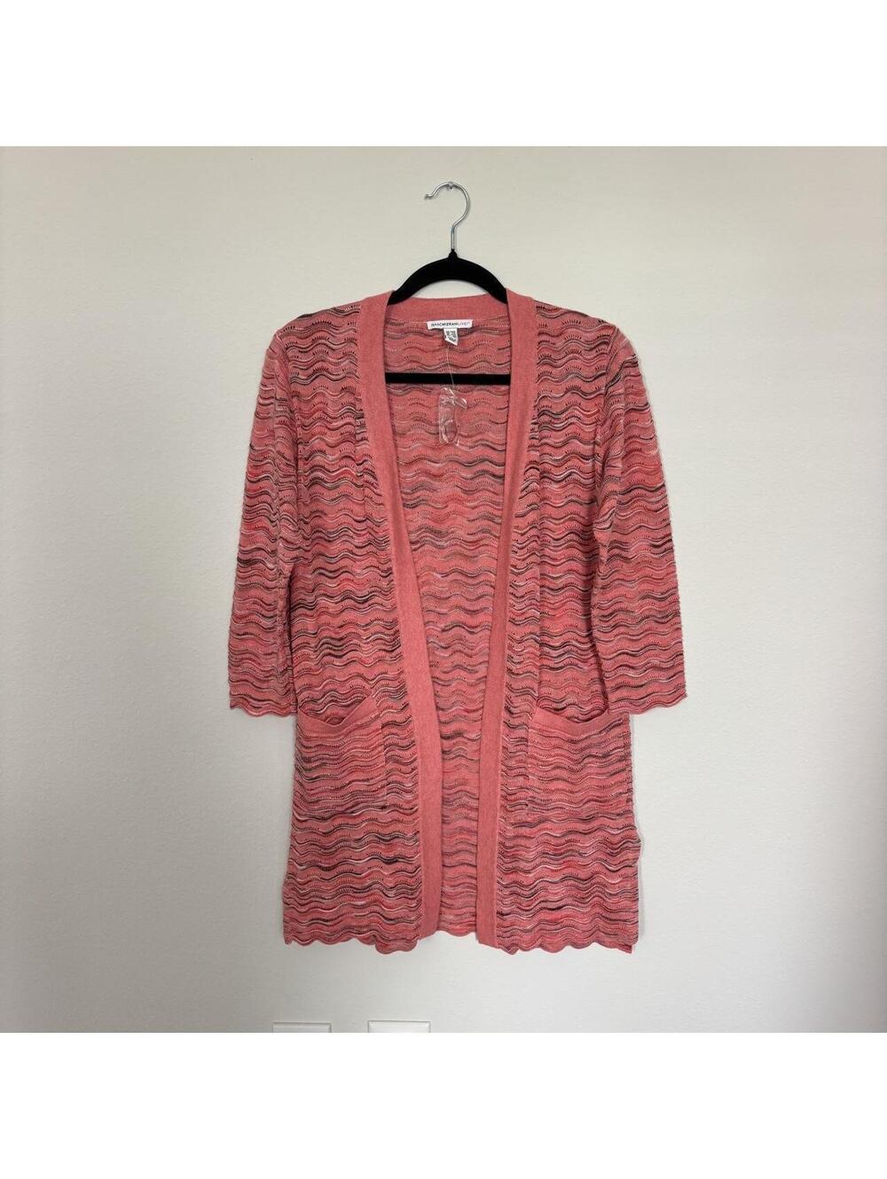 Isaac Mizrahi Live Open Front Cardigan Pink Wave Crochet Knit Longline XXS